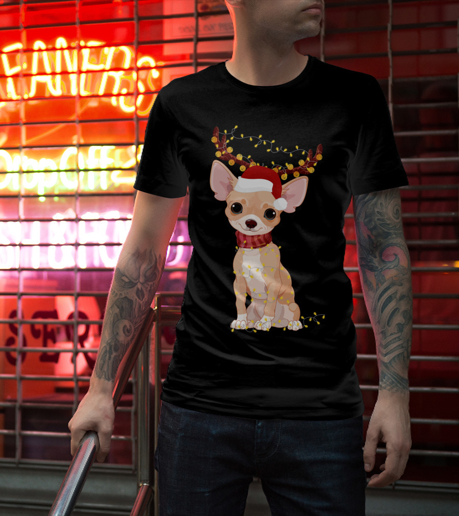 Chihuahua With Santa Hat Reindeer Antlers Christmas Lights Noel T-Shirt