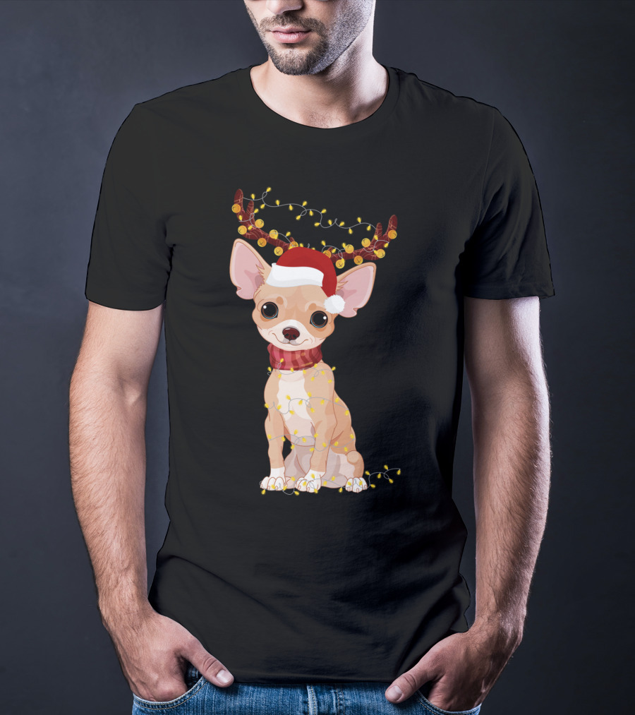 Chihuahua With Santa Hat Reindeer Antlers Christmas Lights Noel T-Shirt