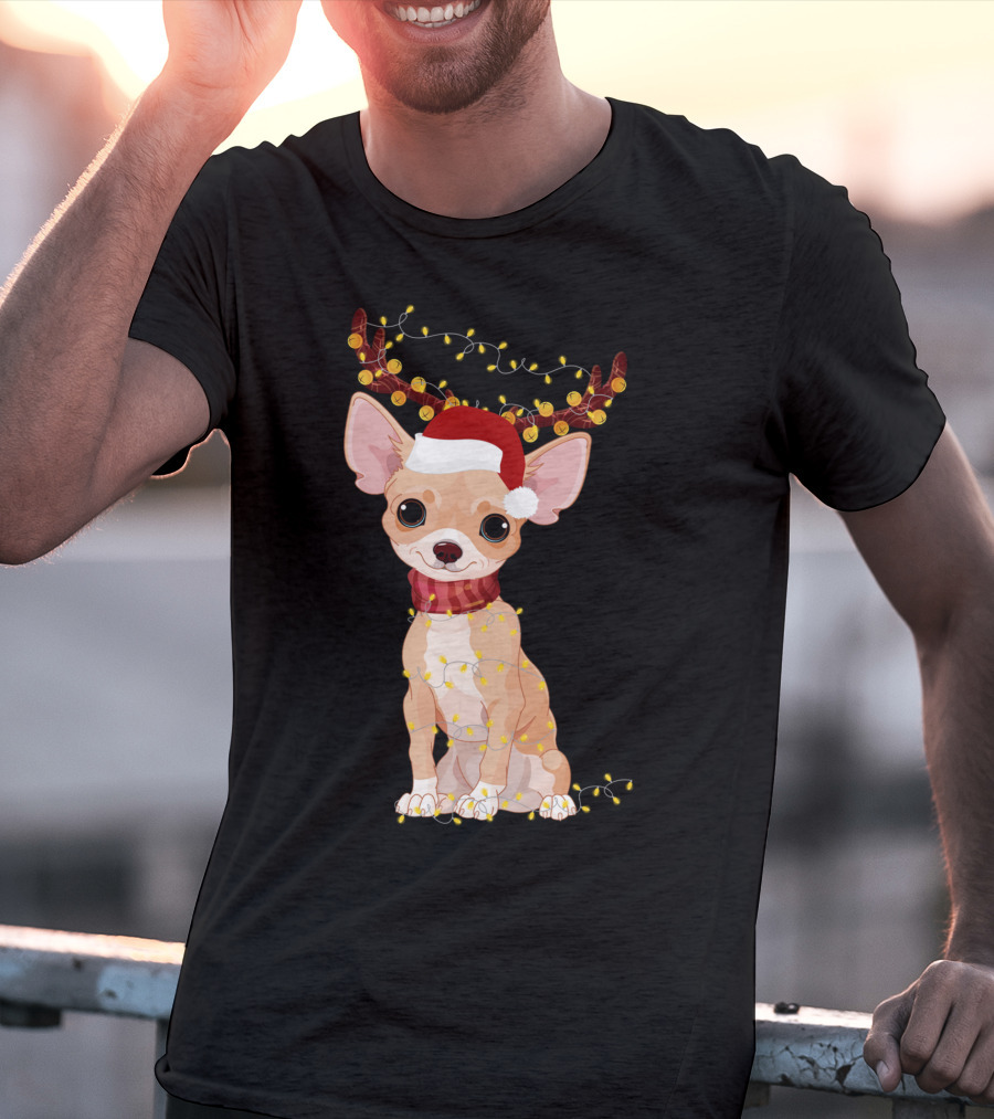 Chihuahua With Santa Hat Reindeer Antlers Christmas Lights Noel T-Shirt