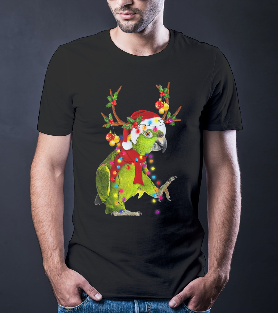 Cockatoo Parrot Reindeer Antlers Christmas Lights Santa Hat T-Shirt