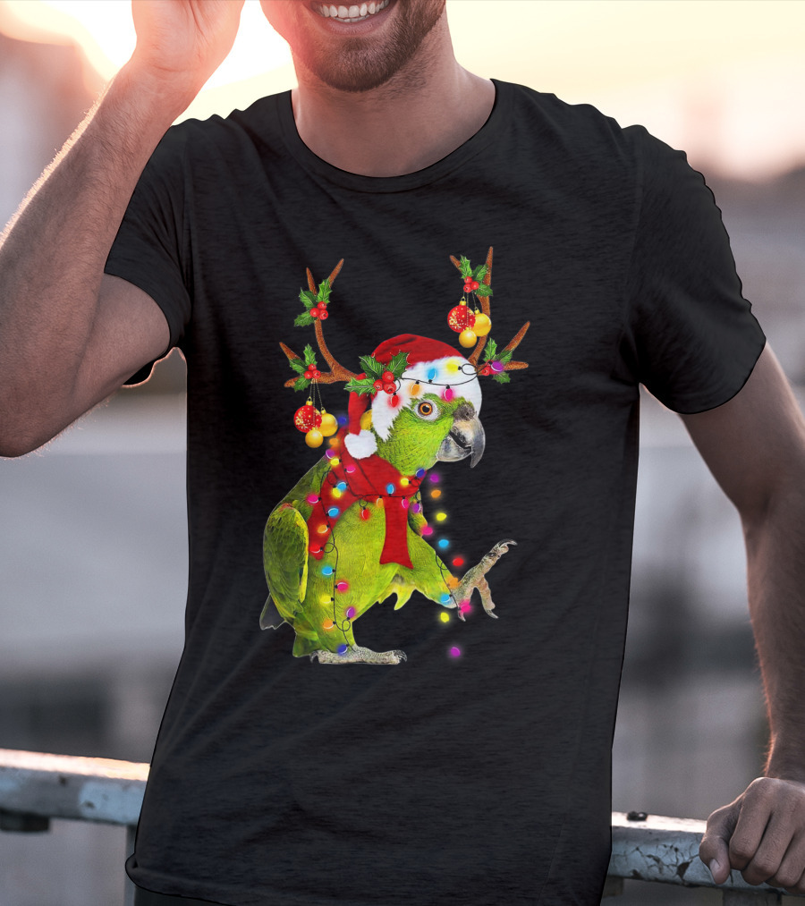 Cockatoo Parrot Reindeer Antlers Christmas Lights Santa Hat T-Shirt
