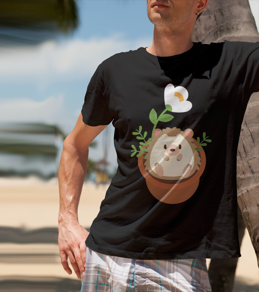 Cute Hedgehog Sitting In Flowering Plant Pot T-Shirt