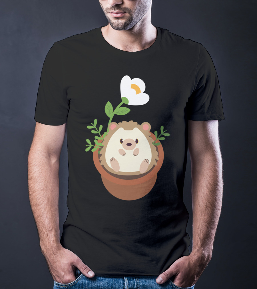 Cute Hedgehog Sitting In Flowering Plant Pot T-Shirt