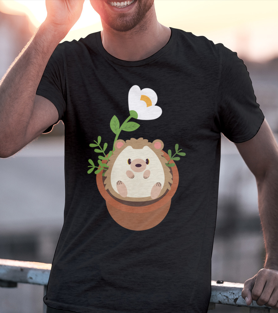Cute Hedgehog Sitting In Flowering Plant Pot T-Shirt