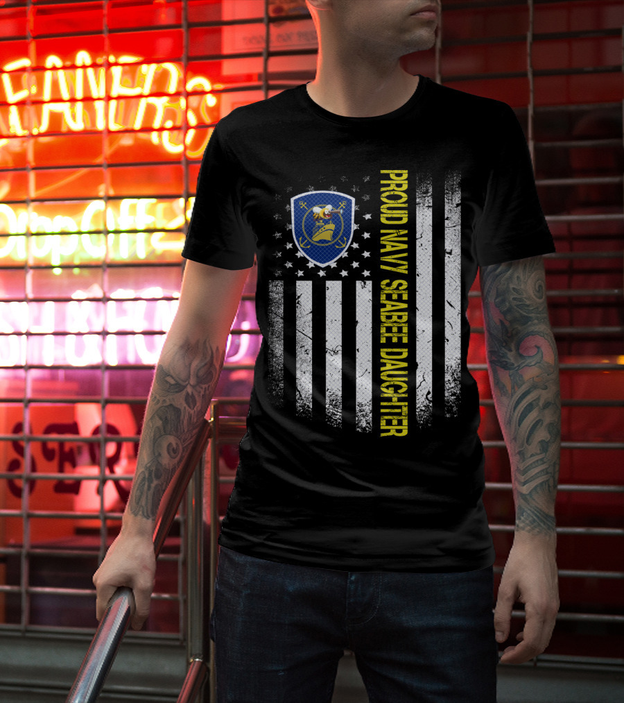 Proud Navy Seabee Daughter Black And White American Flag With Seabee Emblem T-Shirt