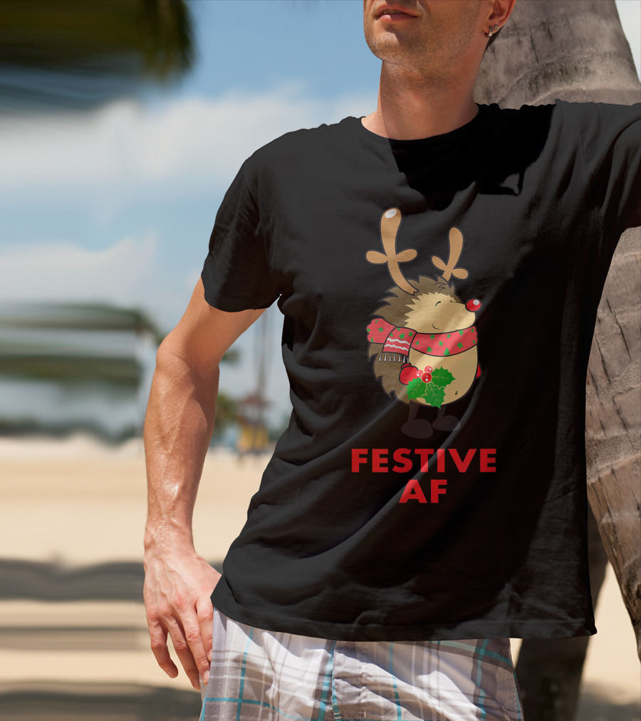 Festive AF Christmas Hedgehog With Scarf And Antlers T-Shirt