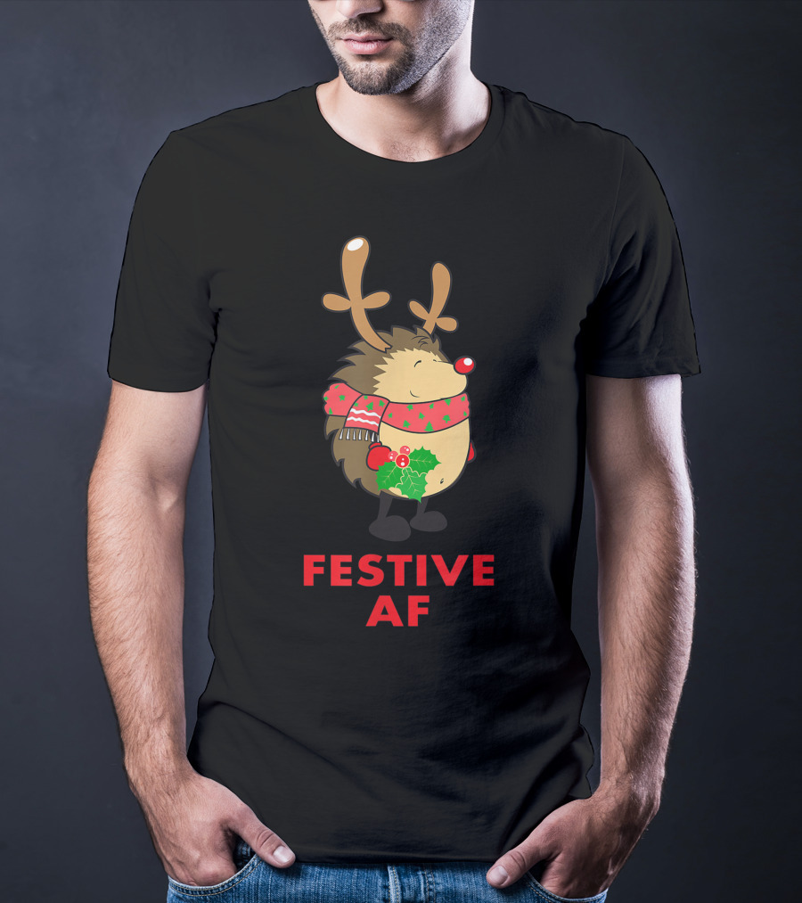 Festive AF Christmas Hedgehog With Scarf And Antlers T-Shirt