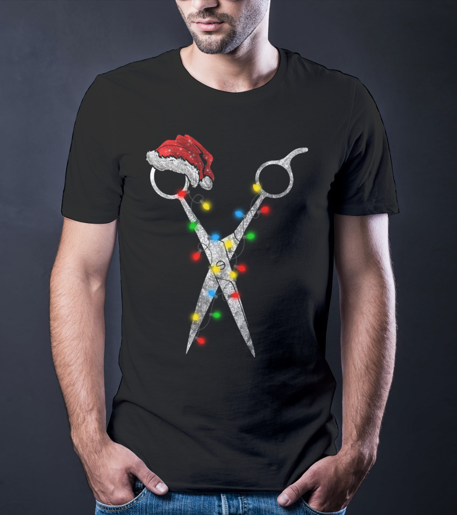 Funny Christmas Scissor Hairstylist Santa Hat Lights T-Shirt