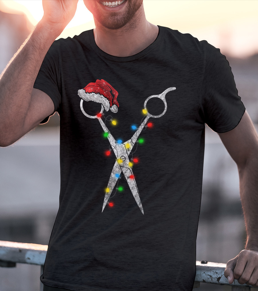 Funny Christmas Scissor Hairstylist Santa Hat Lights T-Shirt