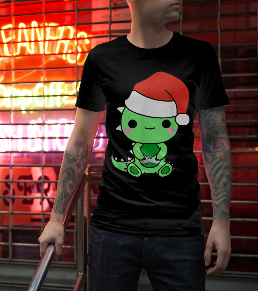 Christmas Gaming Dinosaur Santa Gamer Nerd T-Shirt