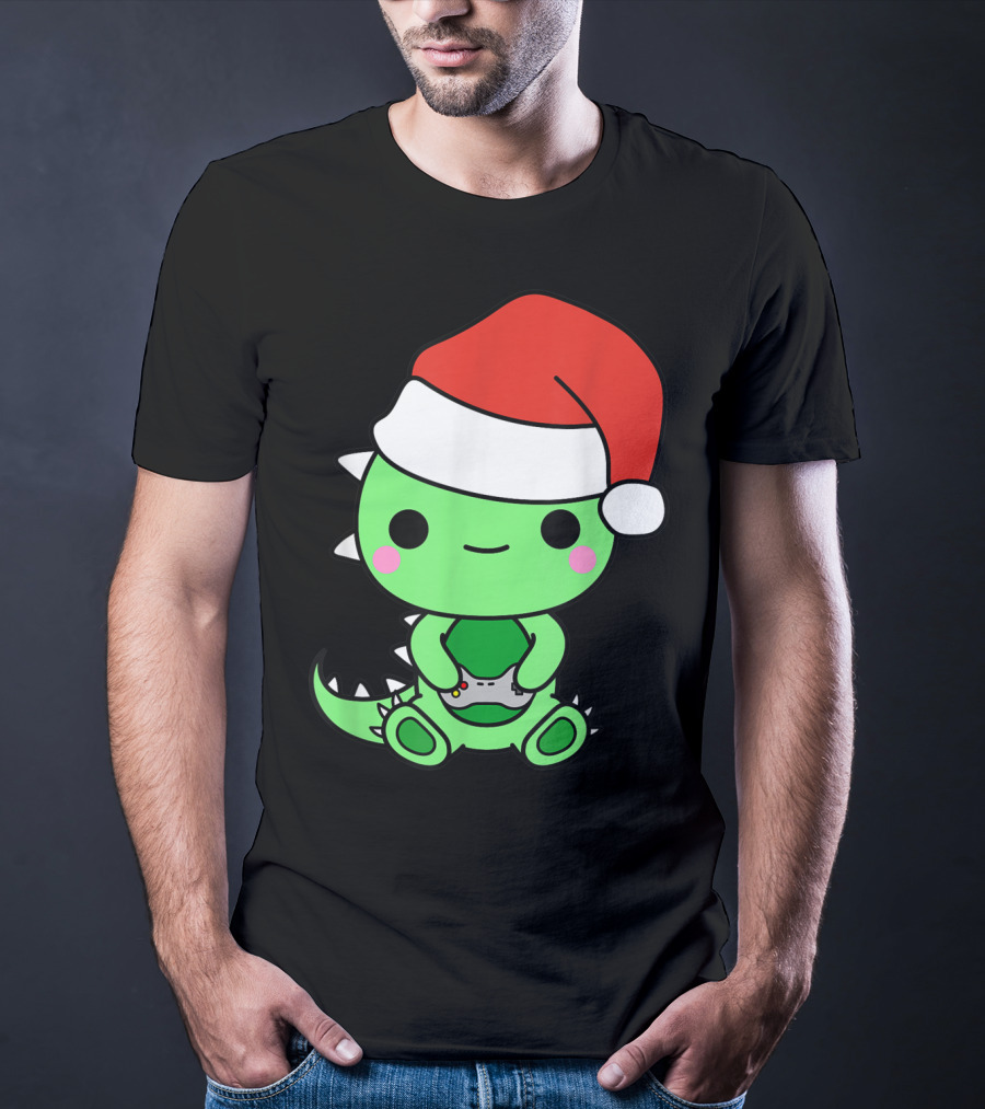 Christmas Gaming Dinosaur Santa Gamer Nerd T-Shirt