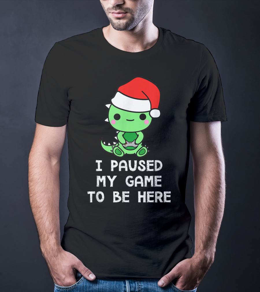 I Paused My Game To Be Here Christmas Dinosaur Gamer Santa Hat T-Shirt