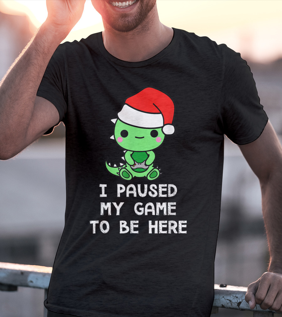 I Paused My Game To Be Here Christmas Dinosaur Gamer Santa Hat T-Shirt