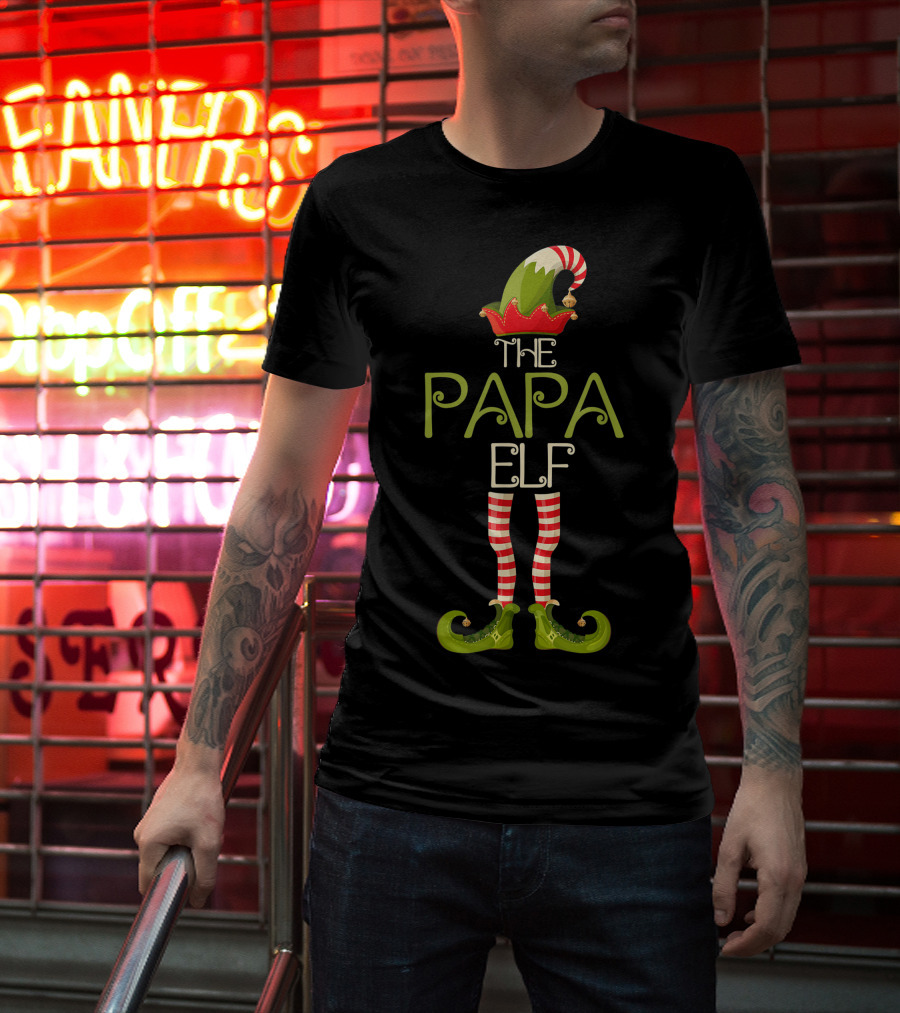 The Papa Elf Christmas Hat And Shoes With Red And White Striped Legs T-Shirt