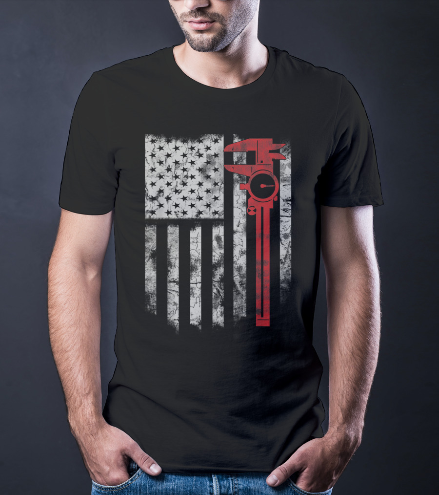 American Flag With Red Caliper For CNC Machinists T-Shirt