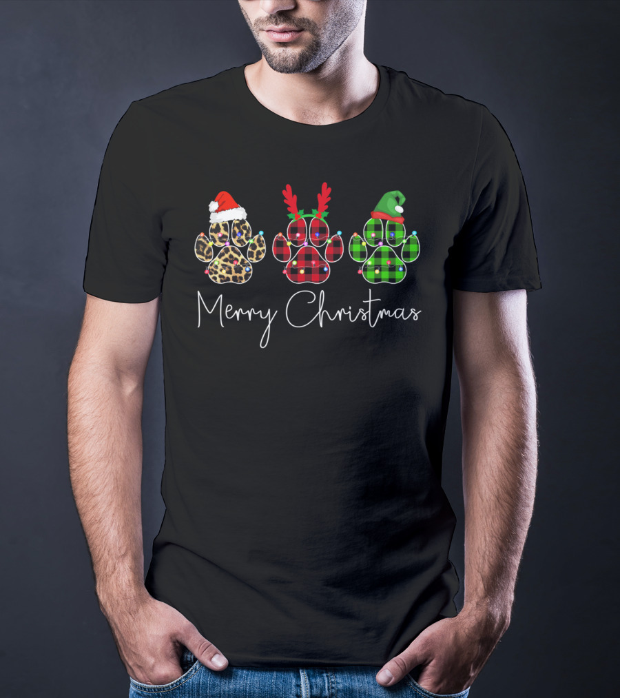 Merry Christmas Paw Dogs With Santa Hat Reindeer Antlers And Elf Hat T-Shirt