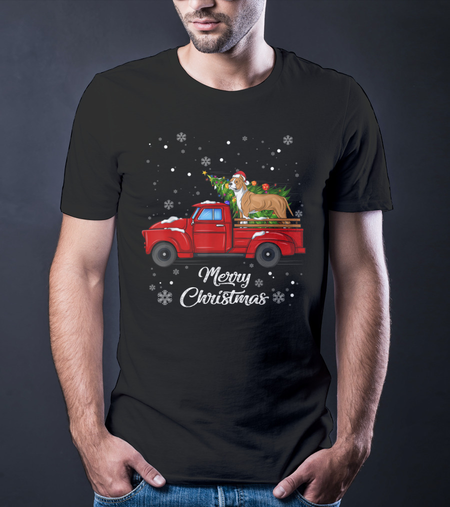 Merry Christmas Pitbull In Red Truck With Christmas Tree And Snowflakes T-Shirt
