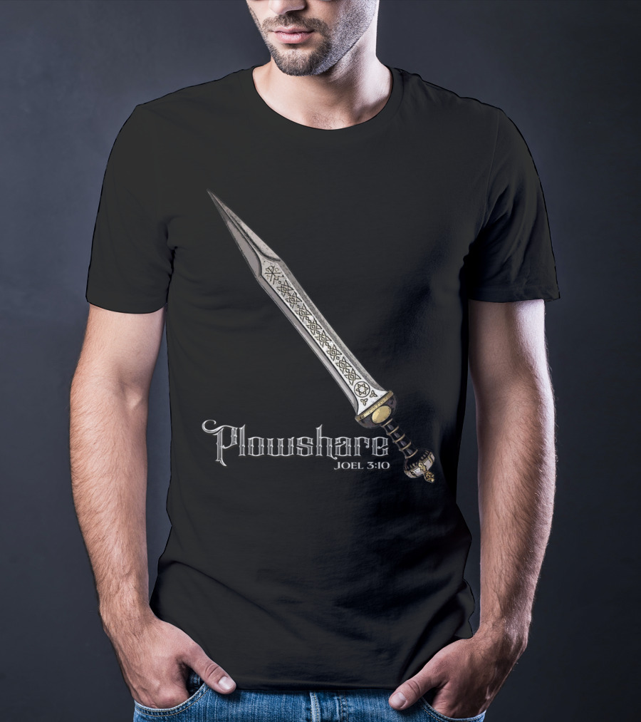 Plowshare Joel 3:10 Sword Design Red Chi Rho Brand T-Shirt