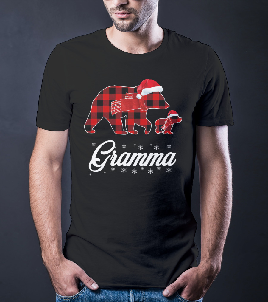 Gramma Bear Red Plaid Buffalo Check Santa Hat Snowflakes T-Shirt