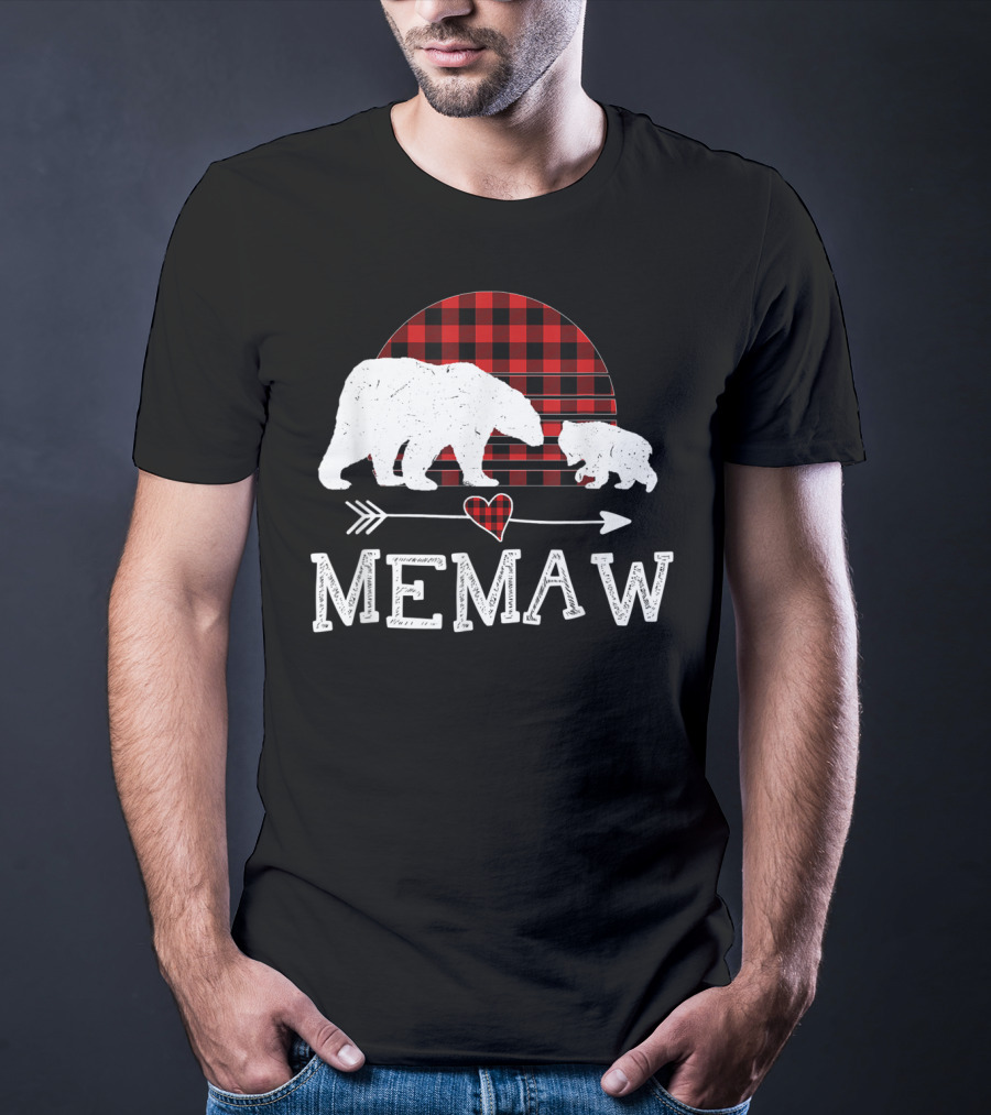 Memaw Bear With Red Plaid Buffalo Check And Heart Arrow T-Shirt