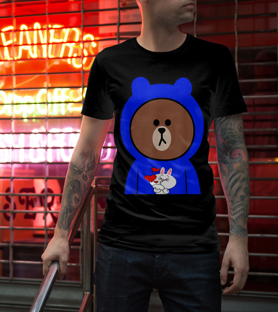 Brown Bear In Blue Hoodie With Cony Bunny Love Hearts T-Shirt