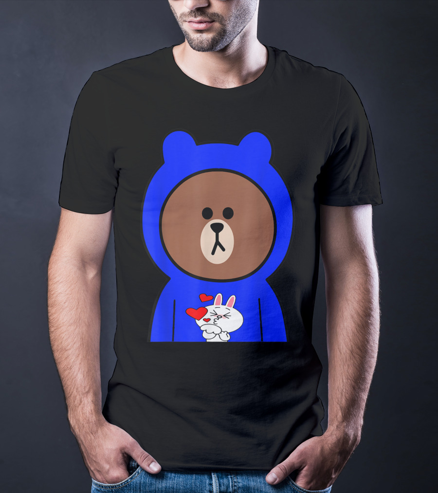 Brown Bear In Blue Hoodie With Cony Bunny Love Hearts T-Shirt