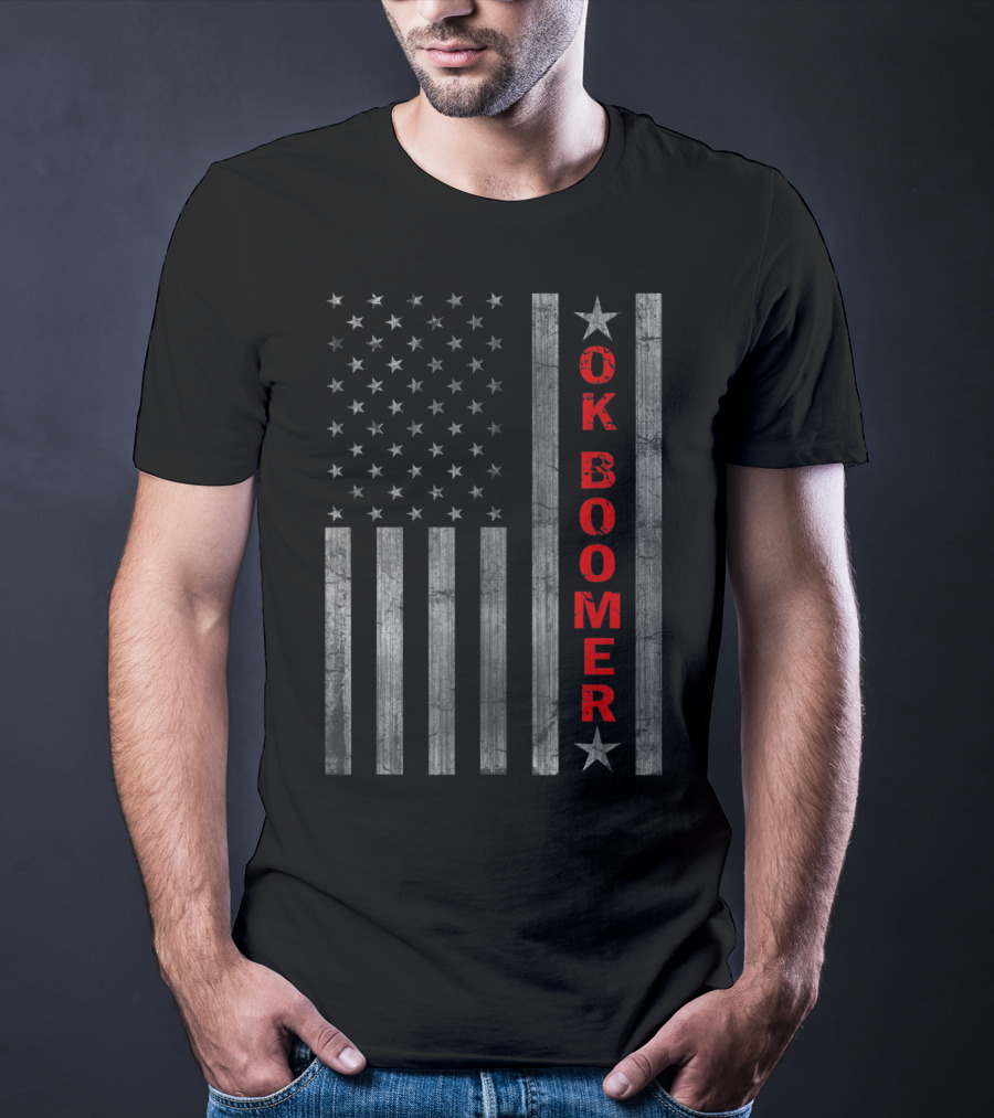 Ok Boomer Vertical Red Text On Distressed American Flag T-Shirt