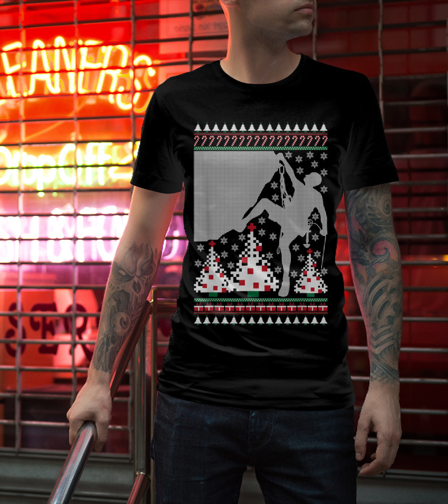 Rock Climbing Ugly Christmas Holiday Tree Pixel T-Shirt