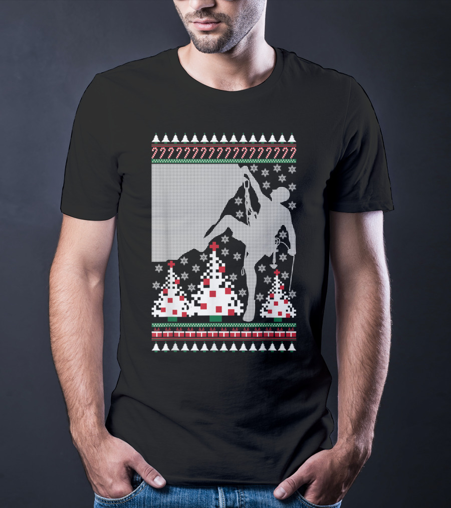 Rock Climbing Ugly Christmas Holiday Tree Pixel T-Shirt