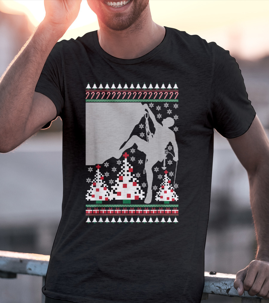 Rock Climbing Ugly Christmas Holiday Tree Pixel T-Shirt