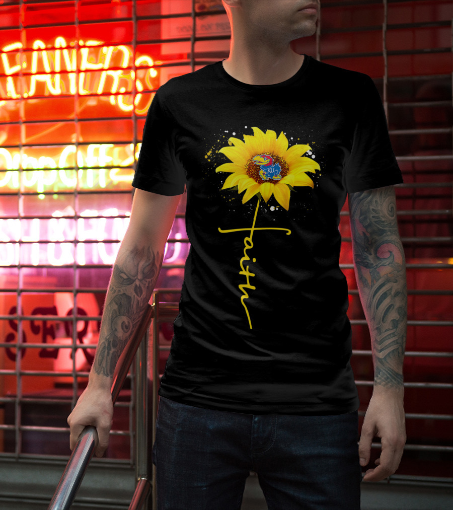 Kansas Jayhawks Sunflower Faith Cross Shape T-Shirt