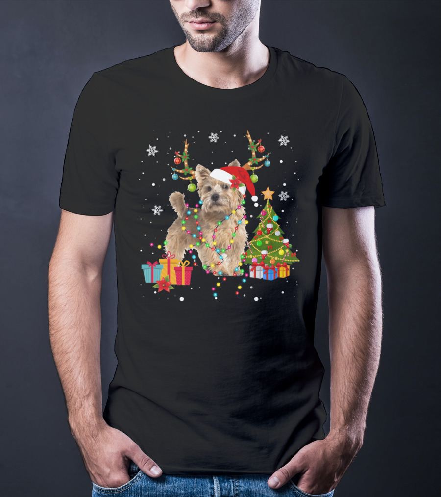 Norwich Terrier Christmas Lights Santa Hat Tree Presents Snowflakes T-Shirt