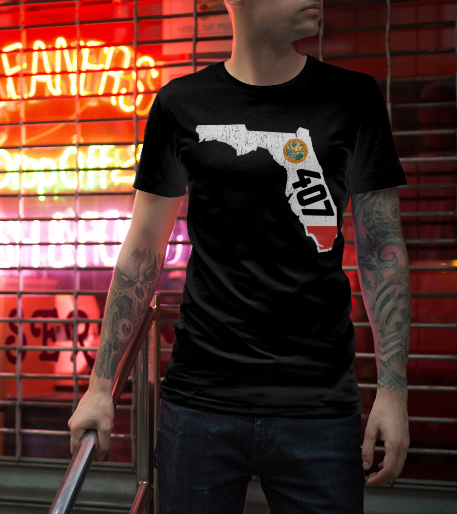 Florida Map Outline With State Seal And 407 Area Code T-Shirt