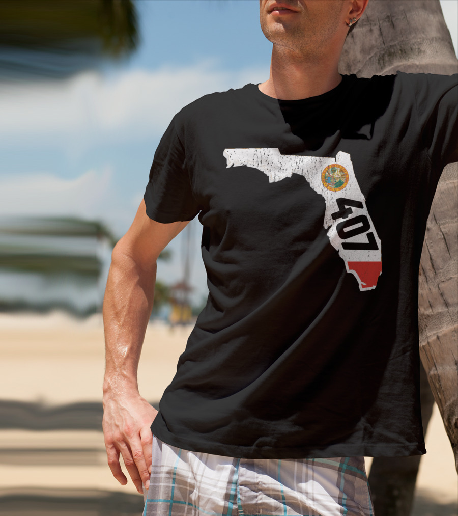 Florida Map Outline With State Seal And 407 Area Code T-Shirt