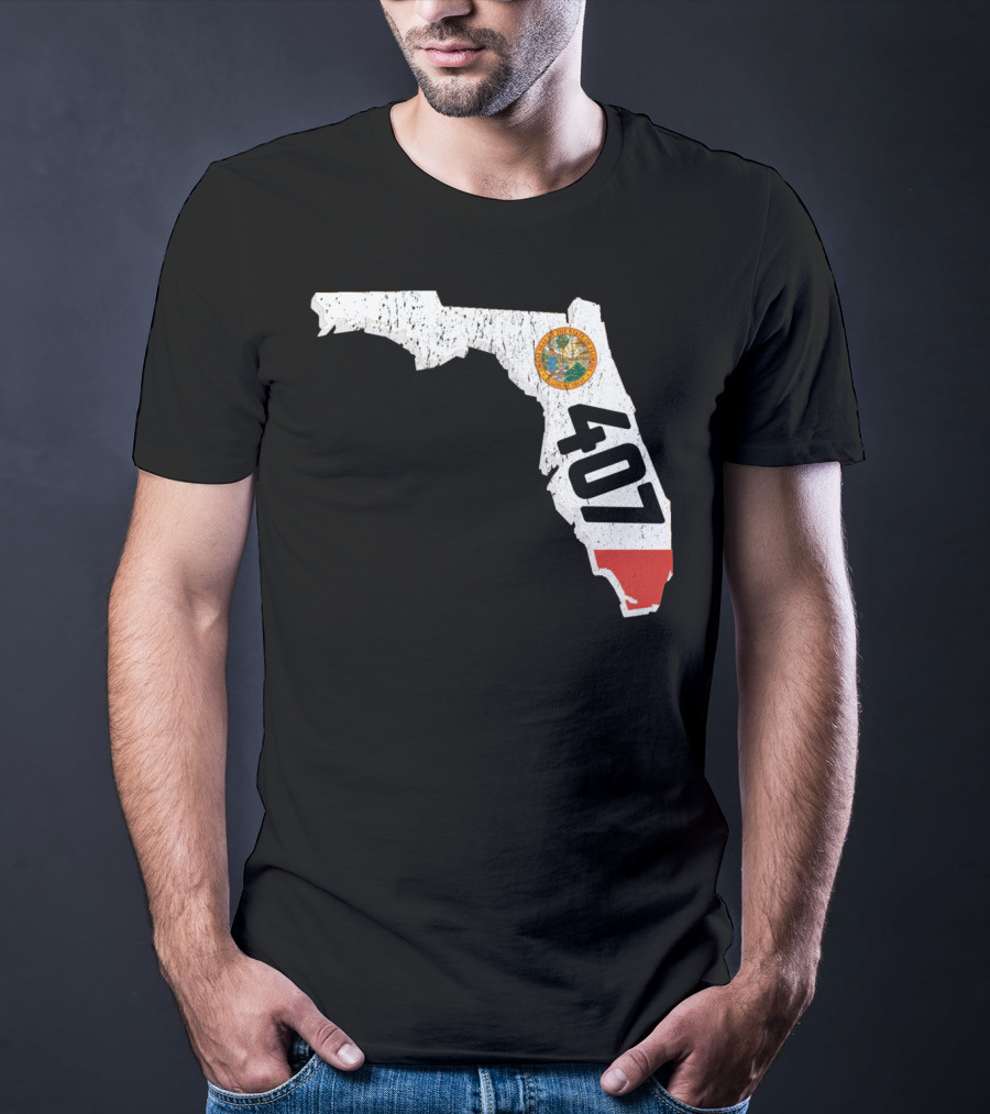 Florida Map Outline With State Seal And 407 Area Code T-Shirt