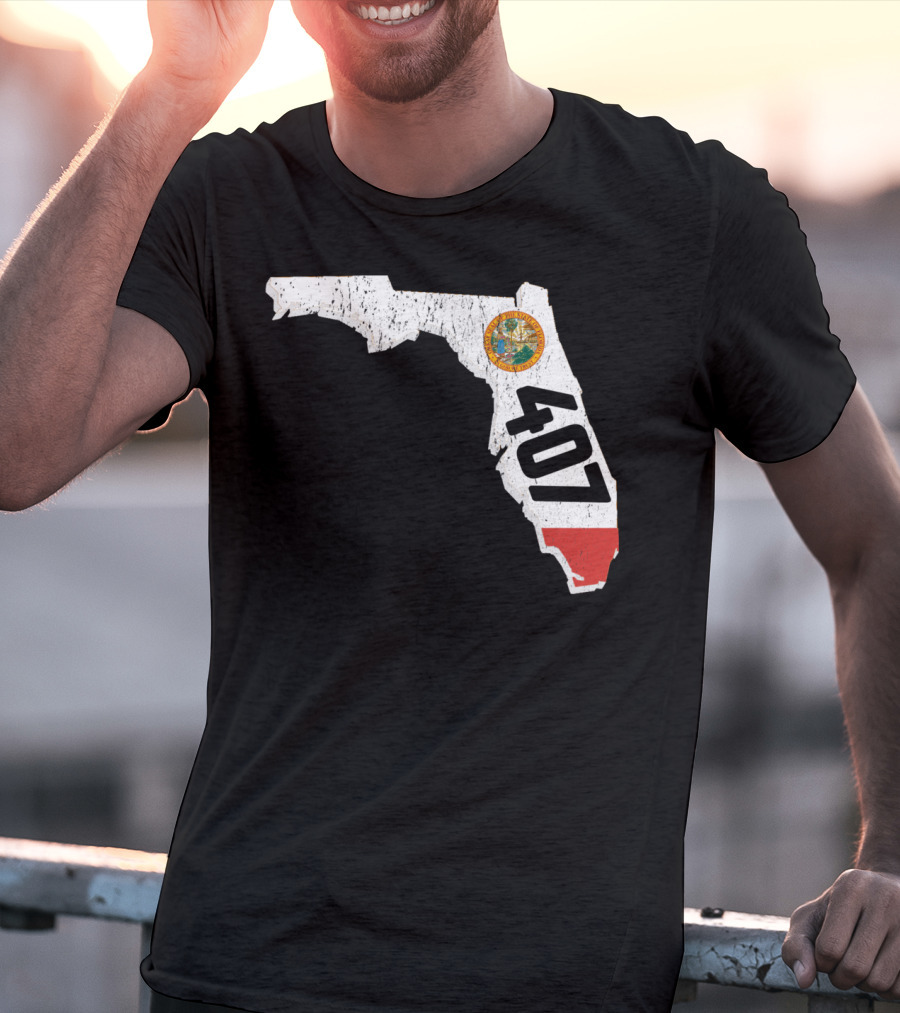 Florida Map Outline With State Seal And 407 Area Code T-Shirt