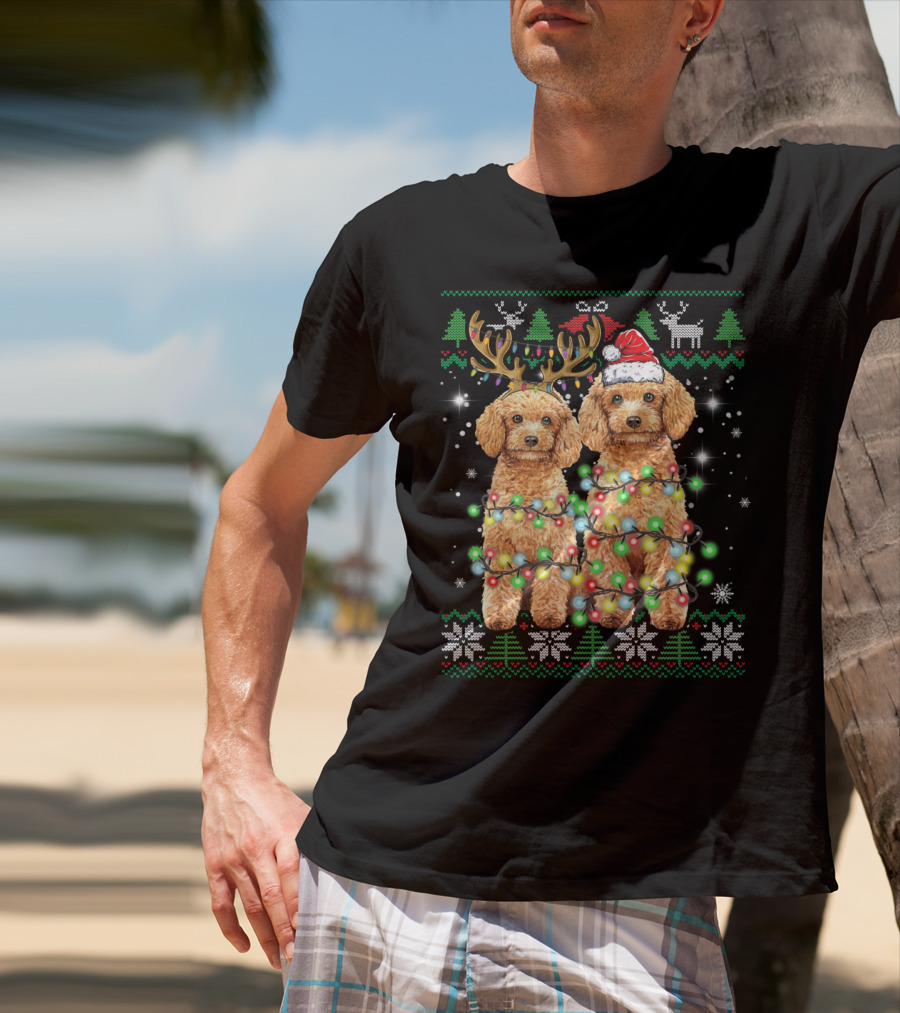 Poodle Dog Ugly Christmas Reindeer Hat Lights Puppy Funny Dog T-Shirt