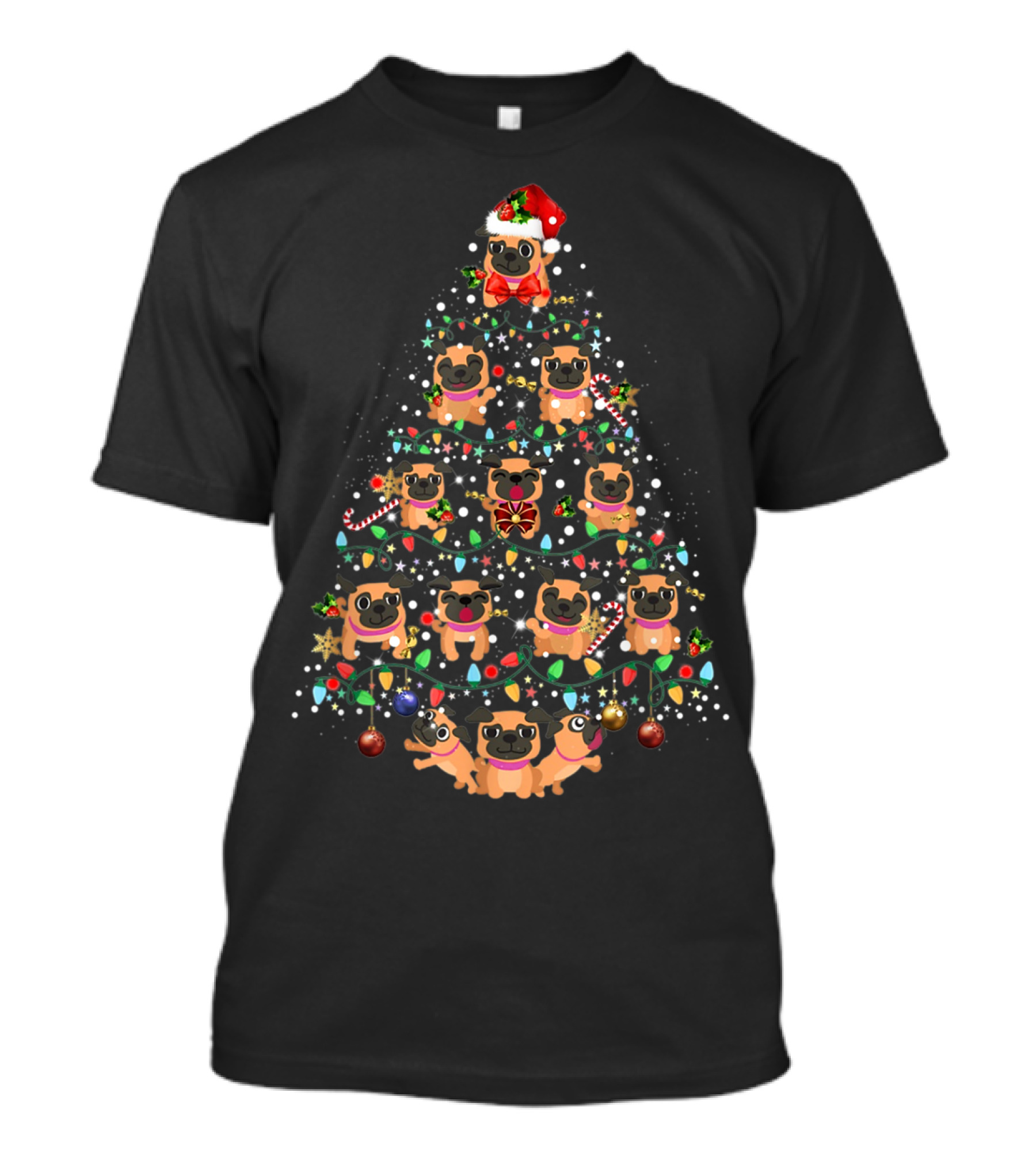 Pug Dog Christmas Tree With Santa Hat And Holiday Decorations T-Shirt