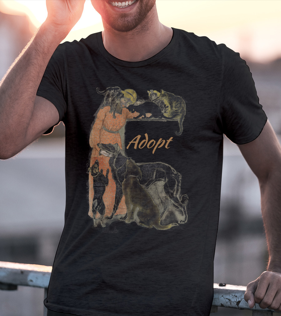 Rescue Adopt Love Dog And Cat Lover With Vintage Style Woman Surrounded By Pets T-Shirt