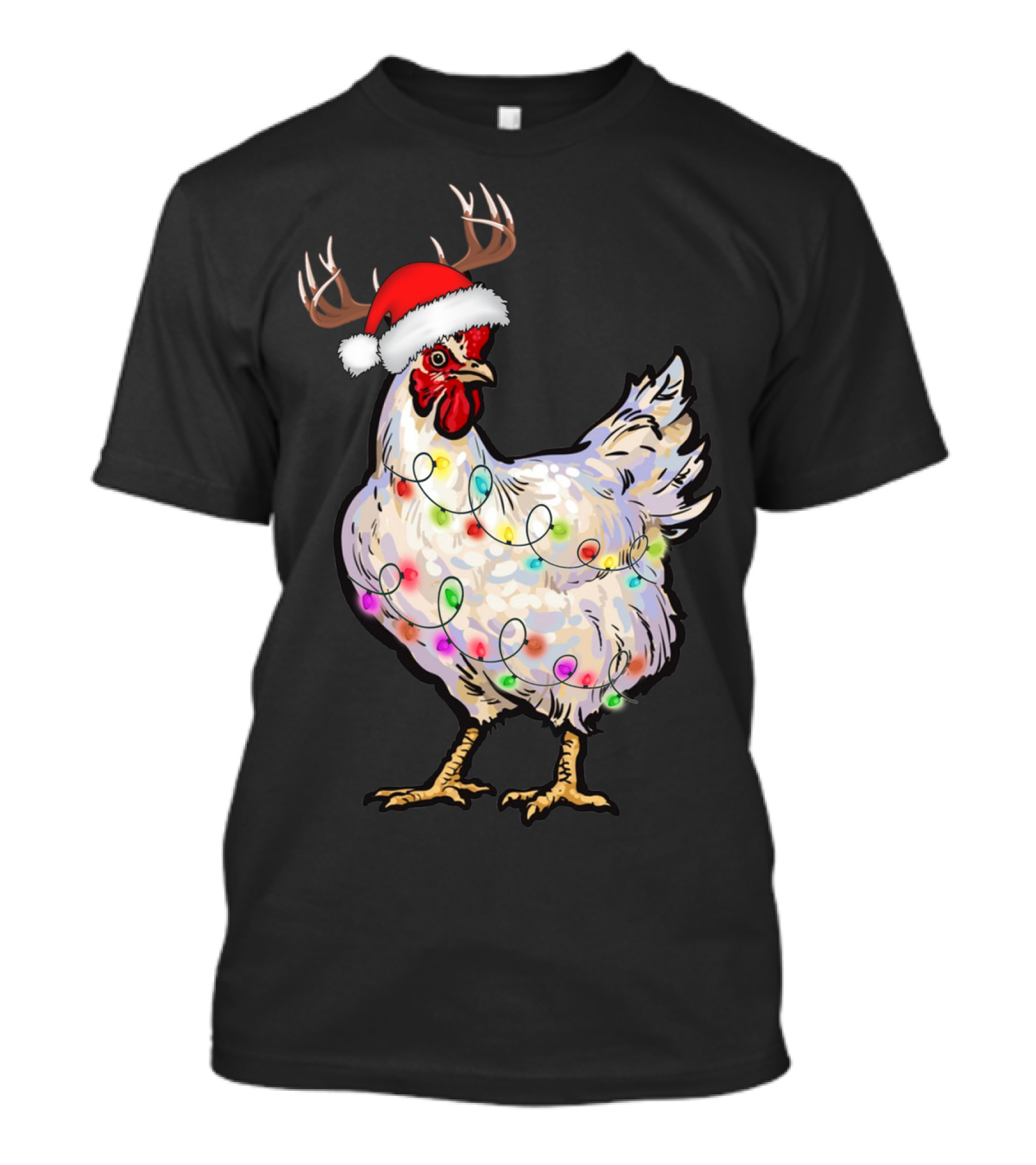 Santa Chicken Reindeer With Christmas Lights And Antlers T-Shirt