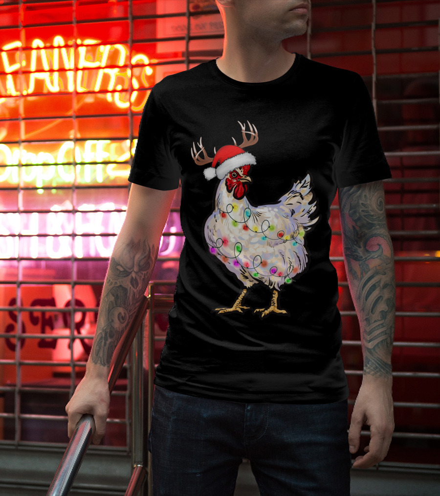 Santa Chicken Reindeer With Christmas Lights And Antlers T-Shirt