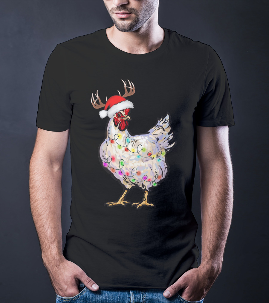 Santa Chicken Reindeer With Christmas Lights And Antlers T-Shirt