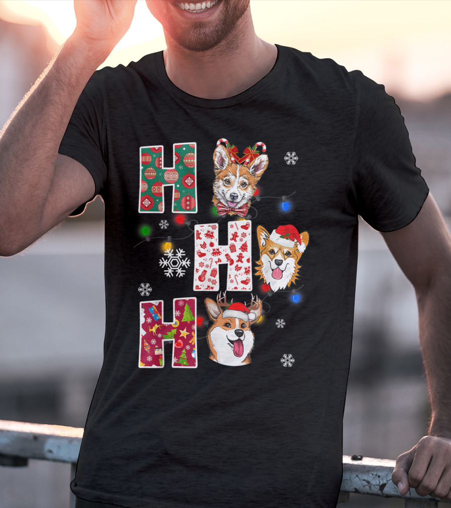 Ho Ho Ho Santa Corgi Christmas Lights Snowflakes T-Shirt