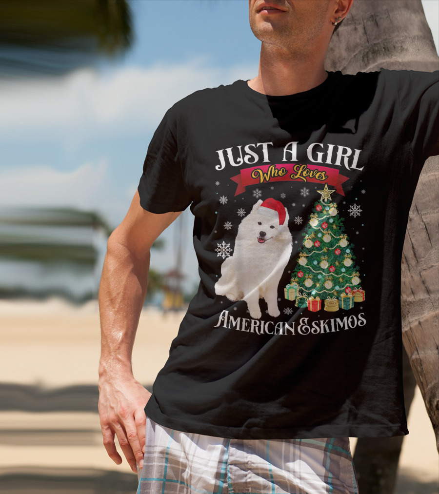 Just A Girl Who Loves American Eskimos Santa Hat Christmas Tree T-Shirt