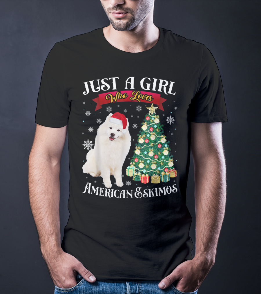 Just A Girl Who Loves American Eskimos Santa Hat Christmas Tree T-Shirt