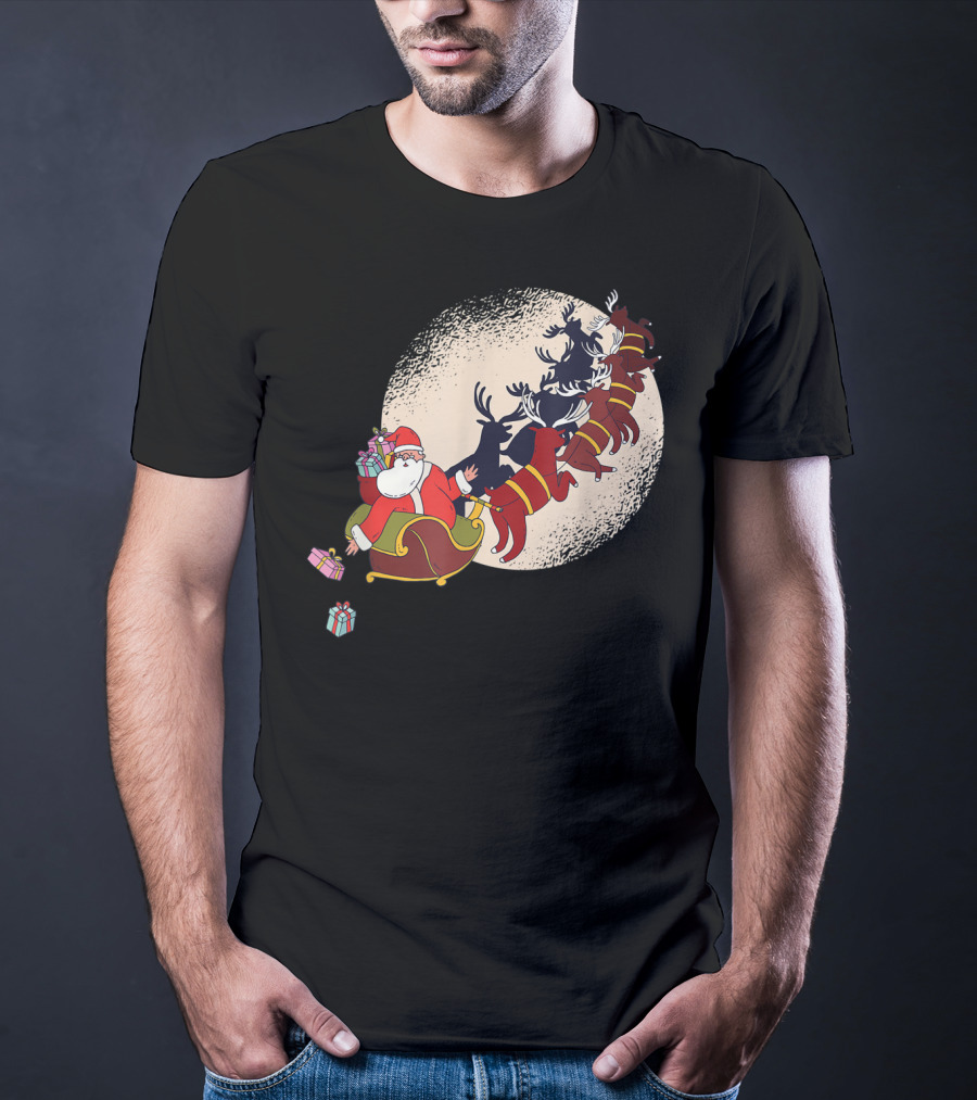 Santa Claus Flying With Reindeers Silhouette Under Full Moon Carrying Gift Sack T-Shirt