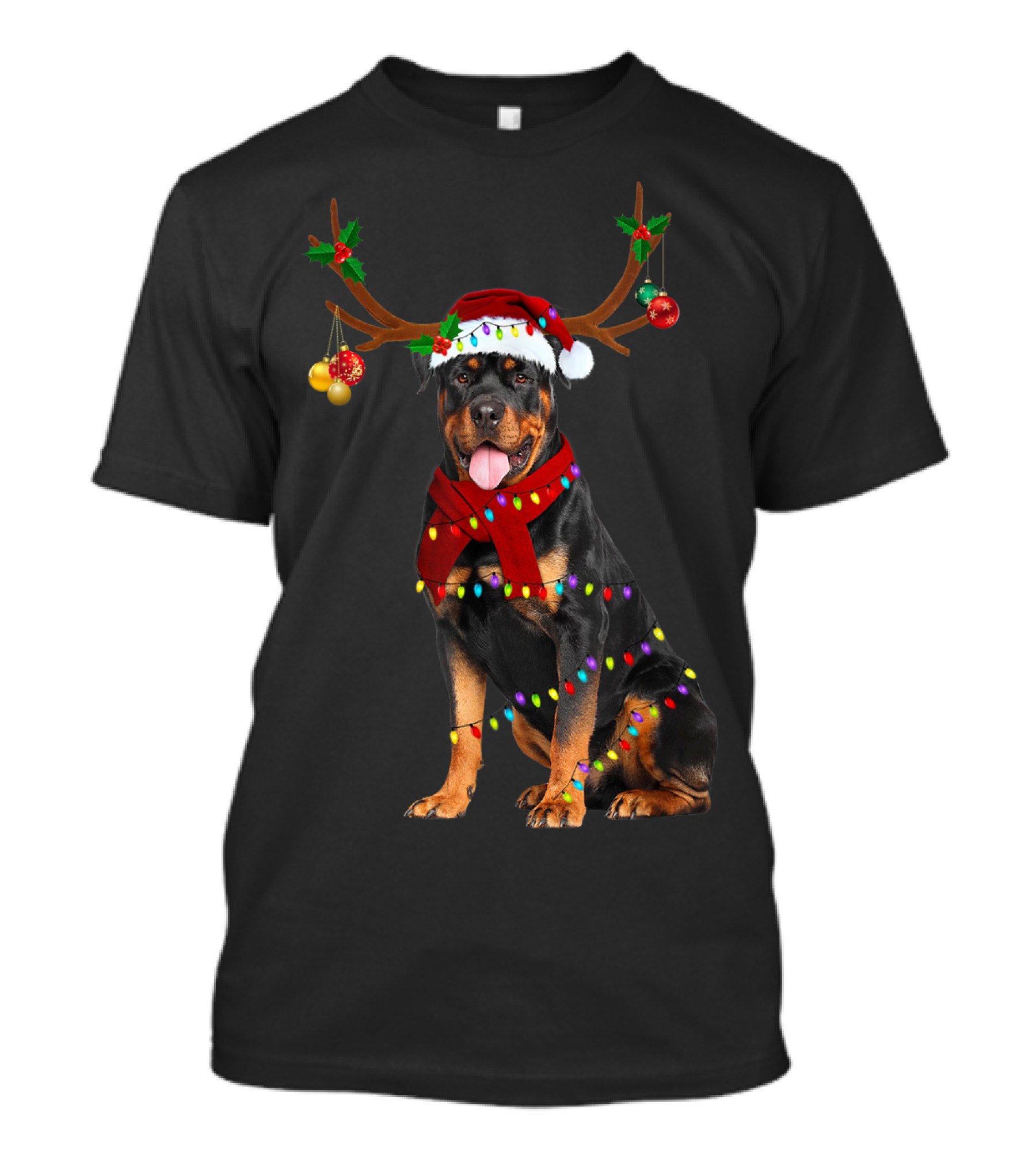 Santa Rottweiler Christmas Reindeer Lights T-Shirt