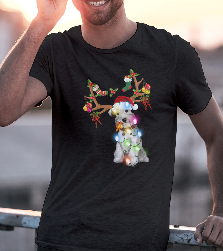 Santa Schnauzer Christmas Lights Reindeer Antlers Holiday Lover T-Shirt