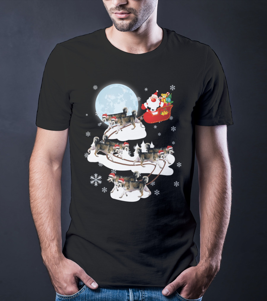 Santa Sleigh Alaskan Malamute Christmas Dog Moon Snowflakes T-Shirt
