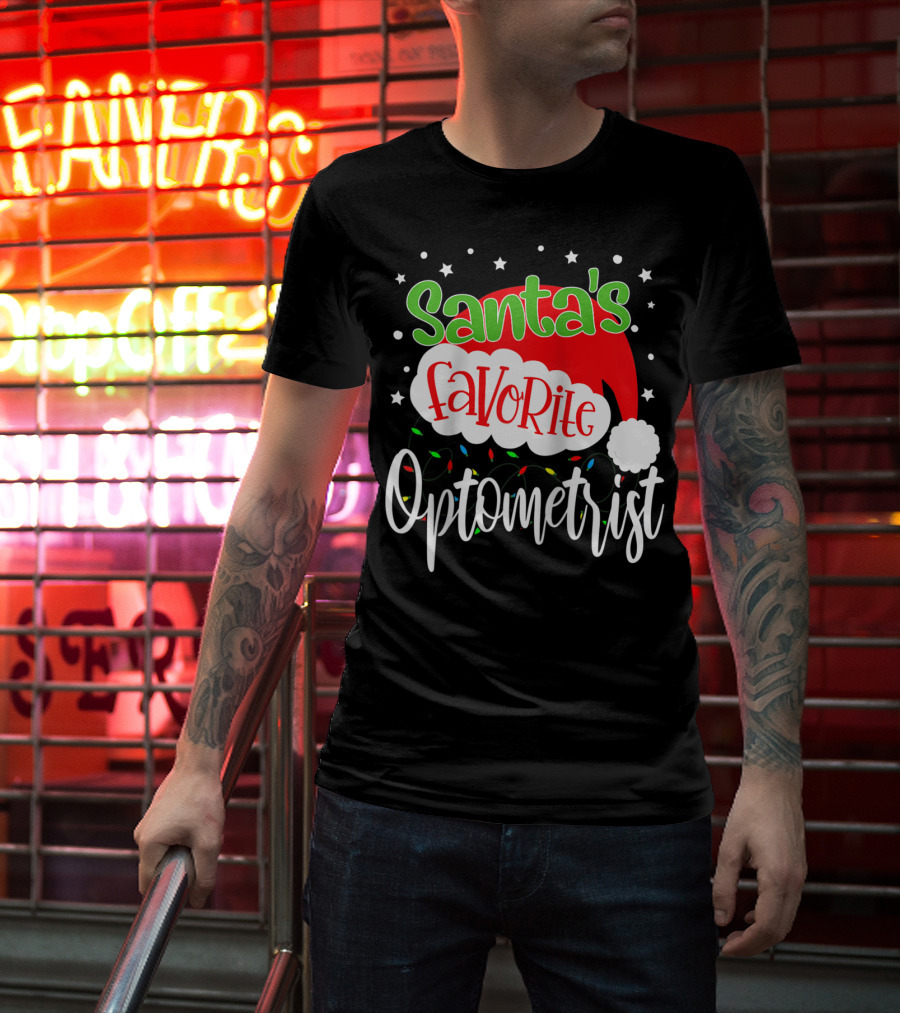 Santa's Favorite Optometrist Christmas Santa Hat And Lights T-Shirt